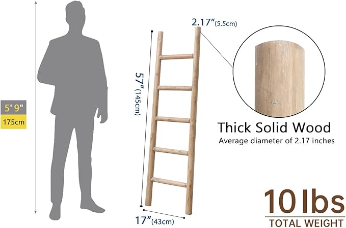 SwallowLiving 57in Blanket Ladder, Solid Wood Towel Ladder, Rustic Decorative Ladder for Blankets, Farmhouse Wooden Quilt Rack for Living Room & Bathroom