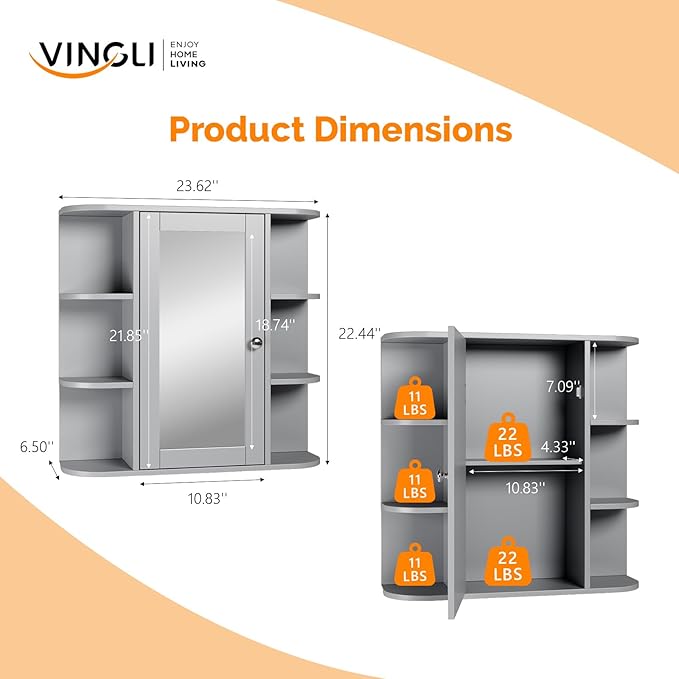 VINGLI Grey Mirror Medicine Cabinet Wall Mounted, Bathroom Storage Organizer Over Toilet with 6 Open Curved Shelves, Adjustable Vanity Cupboard with Single Door for Entryway & Living Room, Grey
