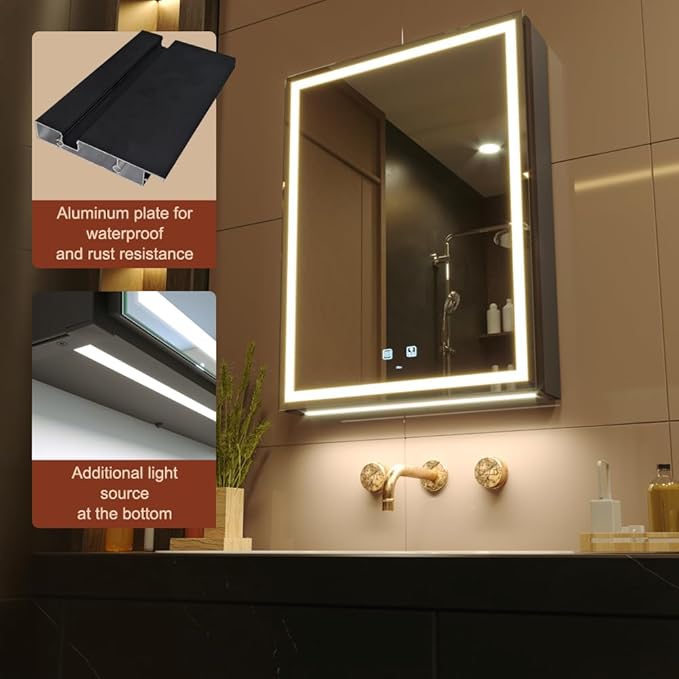 KWW LED Lighted Bathroom Medicine Cabinet with Sockets & USBs, Defogger, Dimmable, 3 Color Light Makeup Mirror, Easy to Install, Wall Mounted Cabinet (Right hinge-20 * 28)