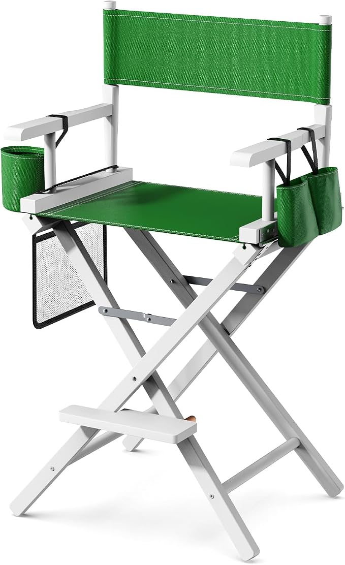 OmySalon 26" H Tall Directors Chair, Wooden Portable Folding Makeup Chair w/Storage Pouch & Footrest, Professional for Salon/Events/Mobile Services, 250lb Capacity, Olive Green Canvas & White Frame