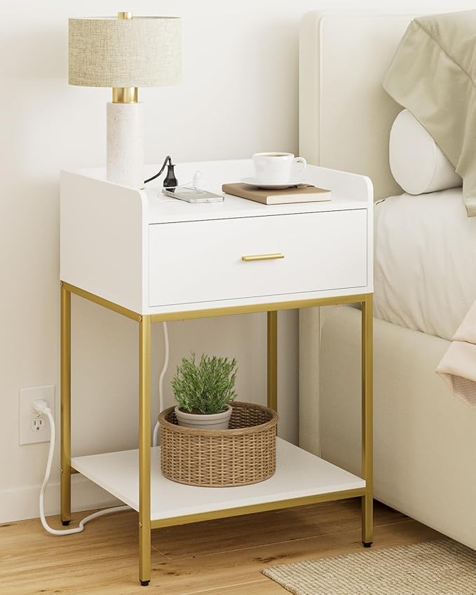 Masupu Nightstand with Charging Station, 3-Tier Modern Bedside Night Stand with Storage Drawer and Shelf, Large End Side Table for Bedroom, Living Room,White
