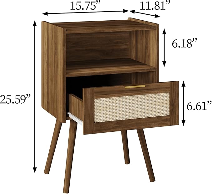 Veegle Nightstand,Modern Bedside Table with Storage Drawer and Open Wood Shelf, Accent Night Stand with Solid Wood Legs for Living Room, Bedroom and Small Spaces,Easy Assembly (Walnut Brown-Rattan)