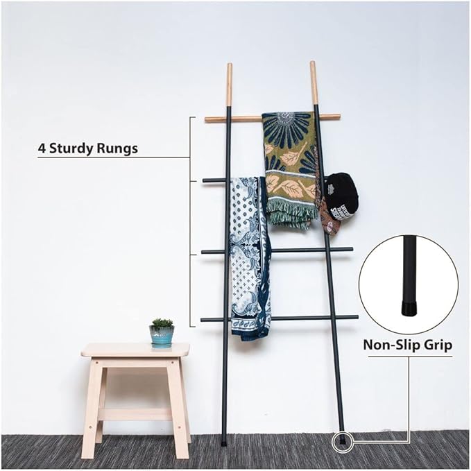 Freestanding Towel Ladder Rack, Space Saving, No-Scratch Wood, for Household Use (Black)