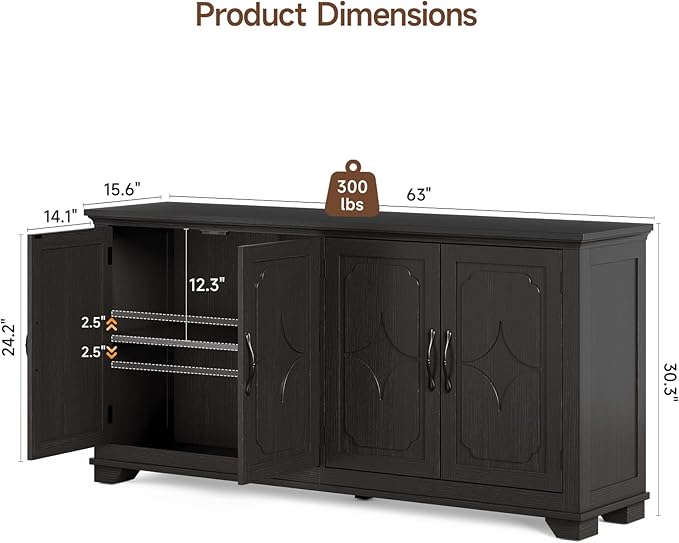 ONBRILL 63 Inch Buffet Cabinet with Storage, Large Sideboard Cabinet with 4 Carved Doors, Modern Credenza Storage Cabinets w/Adjustable Shelves for Kitchen, Living Room, Black