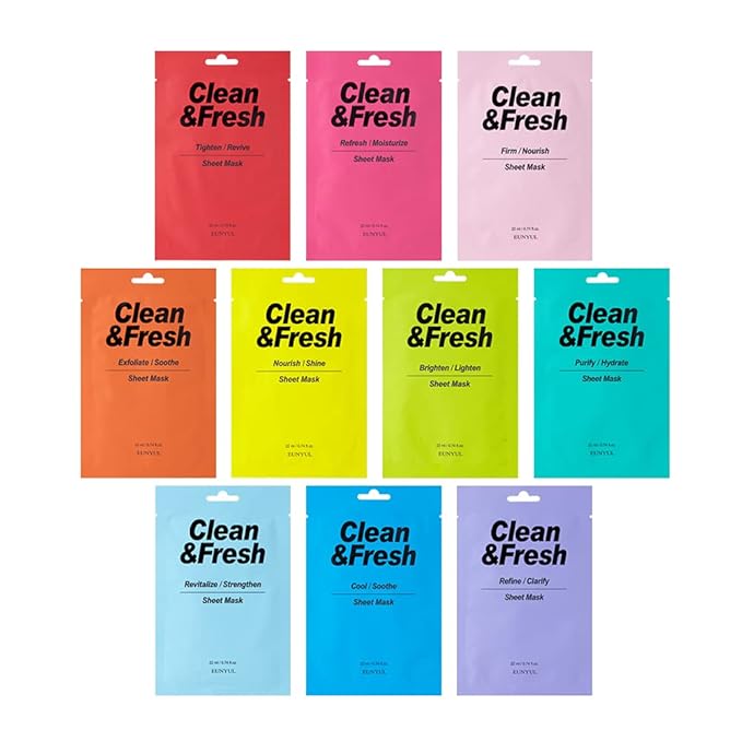 EUNYUL Clean & Fresh Sheet Mask Set, Pack of 10, 0.74 fl oz Each, Korean Facial Sheet Masks Variety Pack for Daily Skincare
