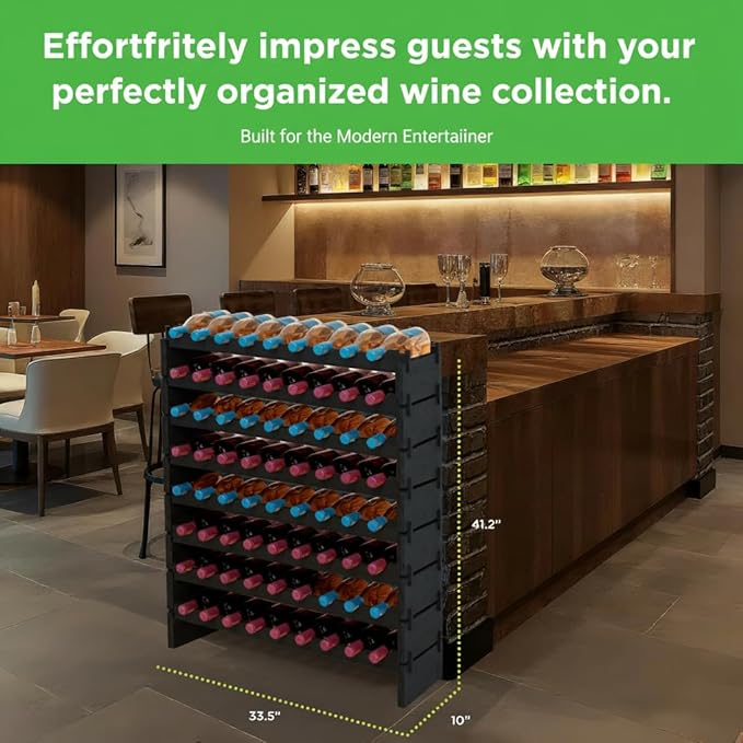 NutriChef 72 Bottle Wine Rack Stackable Bamboo Freestanding, 8-Tier Modular Shelf, Sturdy Wobble Free, Upgraded 2026 Design, Easy No-Tool Assembly for Kitchen, Cellar or Bar 33.5" x 10" x 41" (Black)