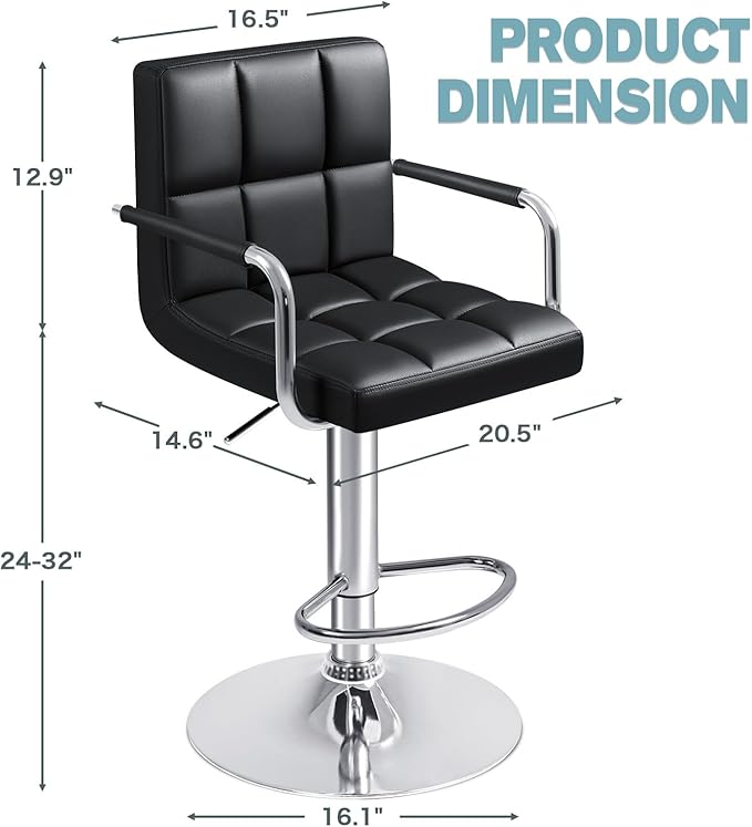 Furmax Bar Stools with Armrest Modern PU Leather Swivel Adjustable Hydraulic Bar Stool X-Large Base and Seat Square Counter Height Stool Set of 2 (Black)