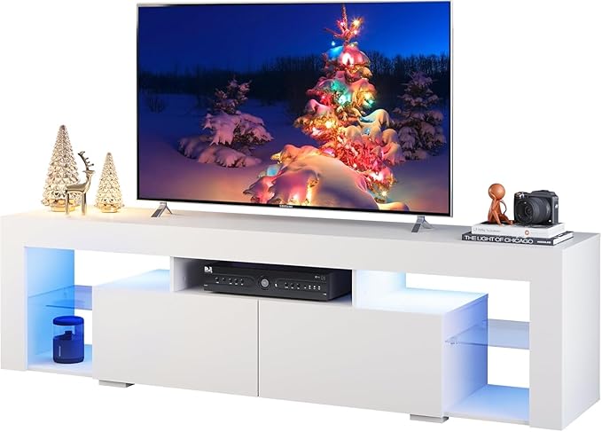 WLIVE TV Stand for 70 65 60 Inch TV, Modern Entertainment Center with LED Lights & 2 Large Storage Drawers, Wood TV Console for Living Room, Bedroom(White)