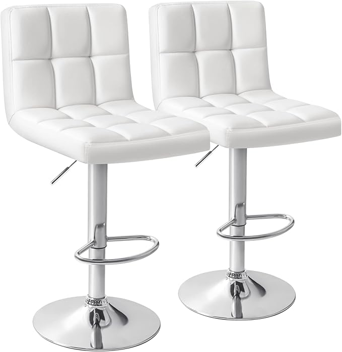 Homall Bar Stools Modern PU Leather Adjustable Swivel Barstools, Armless Hydraulic Kitchen Counter Bar Stool Extra Height Square Island Barstool with Back Set of 2 (Leather, White)