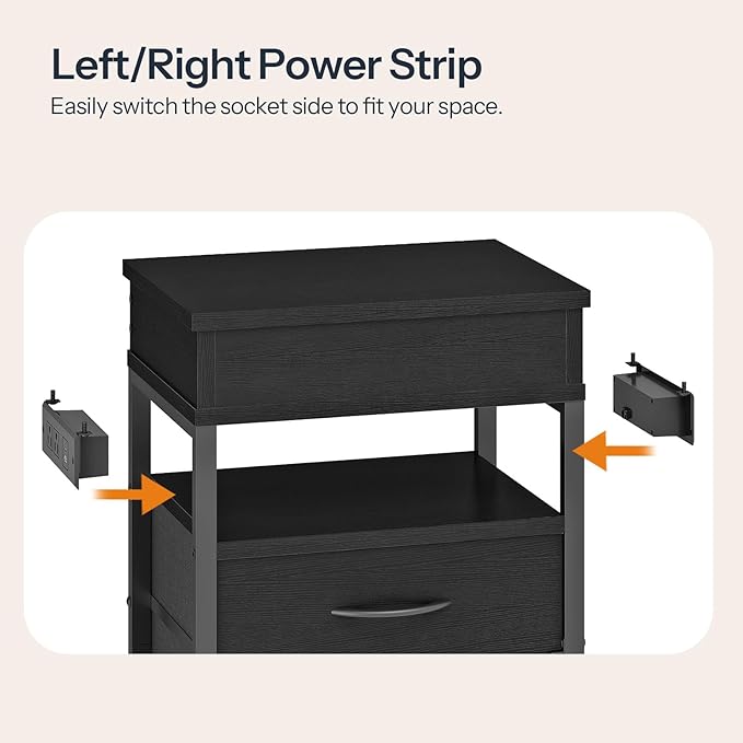 HOOBRO Nightstand with Charging Station, Bedside Table with Fabric Drawers, End Table with Lockable Hidden Compartment, 2 AC Outlets, 1 USB-A, 1 Type-C, for Bedroom, Black BB143UBZ01