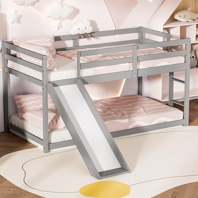 TOLEAD Low Bunk Bed with Slide, Floor Loft Bed with Climbing Ladder, Wood Twin Bunk Bed Frame with Full Guardrails & Storage Space for Kids Toddler
