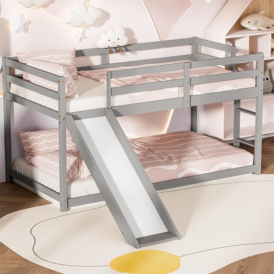 TOLEAD Low Bunk Bed with Slide, Floor Loft Bed with Climbing Ladder, Wood Twin Bunk Bed Frame with Full Guardrails & Storage Space for Kids Toddler