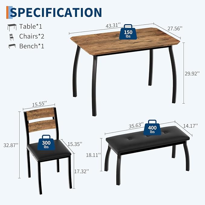IDEALHOUSE 43'' Dining Table Set for 4, Wooden Kitchen Table with Upholstered Bench & 2 Cushion Chairs, Industrial Dinette Set for Studio, Kitchen, Dining Room, Apartment, Retro