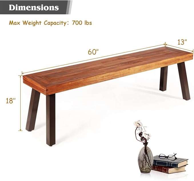 Giantex 60" Acacia Wood Bnech, 3-Person Backless Outdoor Patio Dining Bench with Metal Legs & Adjustable Foot Pads for Entryway, Balcony, Porch, Backyard, Garden and Poolside (1 Pack)