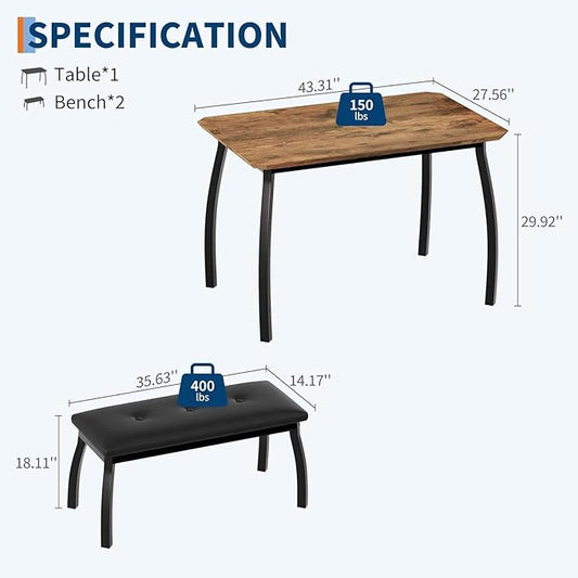 Dining Table for 4, 3-Piece Kitchen Table Set for 4 with Wooden Tabletop and Metal Frame, Industrial Kitchen Table with 2 PU Leather Benches for Bar, Dining Room, Restaurant(43''x28''x30''), Retro