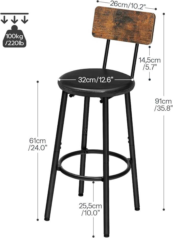 HOOBRO Bar Stools, Bar Stools Set of 2 with PU Upholstered, Bar Chairs with Footrest and Back, 26" Bar Stools for Kitchen Island, Dining Room, Easy to Assemble, Rustic Brown and Black BF31BY01G2