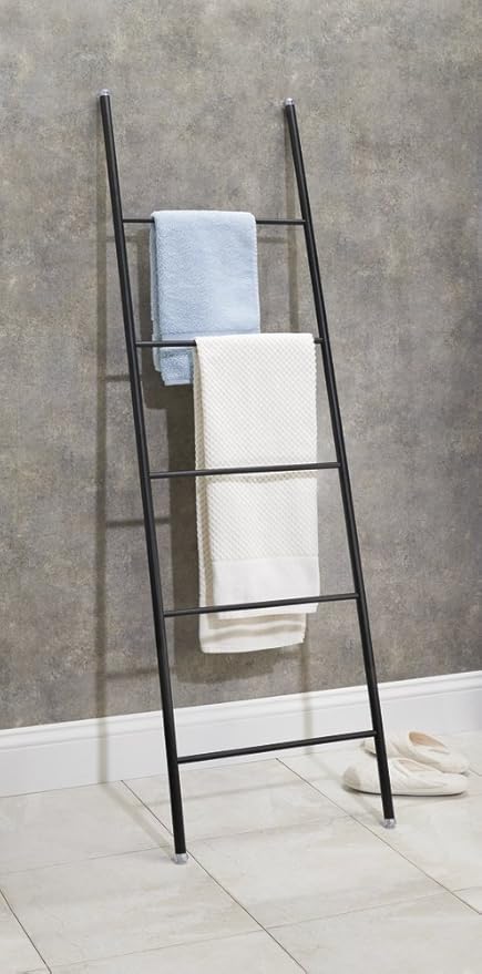 mDesign Metal Leaning Blanket and Towel Ladder - Display Rack for Bedroom and Bathroom - Throw/Quilt Holder - Nursery Wall Rack - Omni Collection - Matte Black