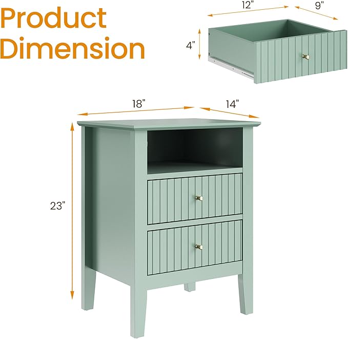 RoyalCraft Fluted Nightstand Set of 2, Colorful Nightstand with 2 Drawers, Modern Wooden End Table with Storage for Small Spaces, Side Table for Bedroom, Couch, Home Office, Milky Green