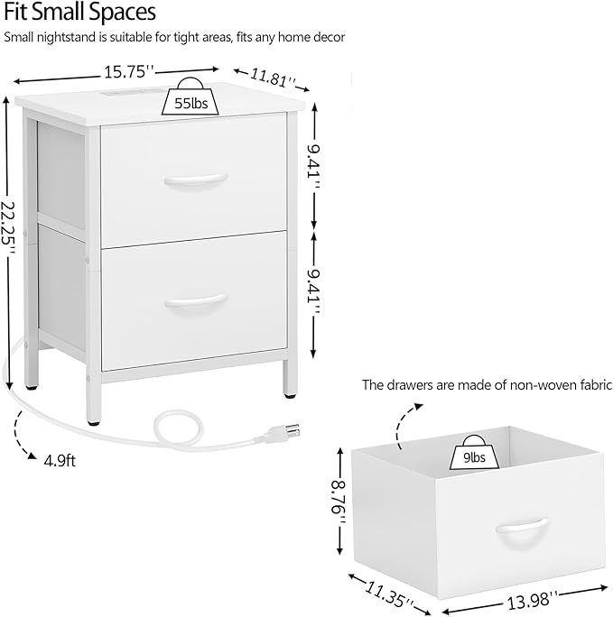 Vagusicc Nightstand Set of 2 with Charging Station, End Table Bedside Table with Power Outlet & USB Ports, Side Table with 2 Fabric Drawers for Bedroom, Living Room, White