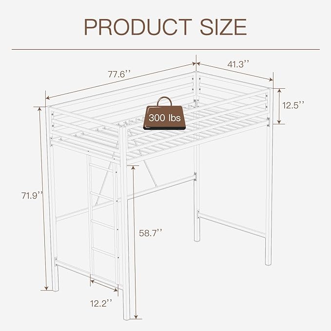 ikalido Metal Loft Bed Twin Size with Safety Guardrail and Ladder, No Box Spring Needed Space Saving Bedroom Furniture,Cream White