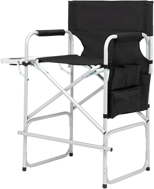 Tall Directors Chairs Foldable Makeup Artist Chair Seat Height 26.5 inches Heavy Duty Folding Camping Chair Outdoor Portable Director Chair with Side Table Storage Bag Cup Holder Footrest,Black