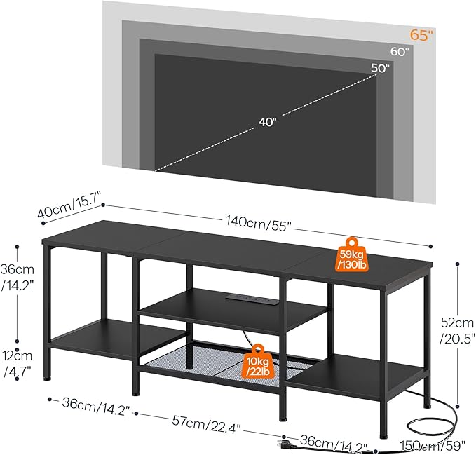 HOOBRO TV Stand with Power Outlets to 65 Inches, TV Console Table with Open Storage Shelves, Industrial Media Entertainment Center for Living Room Bedroom, Black BB40DS01