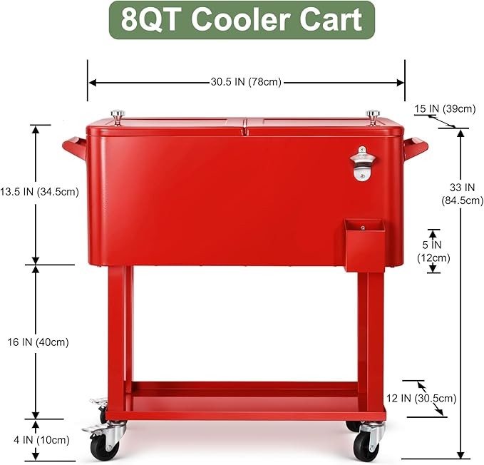 80 Quart Rolling Ice Chest Cooler Cart,Patio Backyard Party Drink Beverage Bar Stand Up Cooler Trolley with Ice Scoop