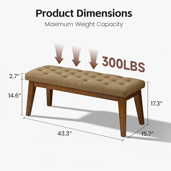 43.5" Upholstered Bedroom Bench, Faux Leather Entryway Bench with Solid Wood Legs, End of Bed Bench with Cushion, Tufted Button Dining Bench for Living Room, Bedroom, Hallway, Light Brown