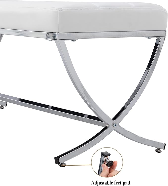 DUOMAY Modern Tufted Ottoman Bench, PU Leather Upholstered Dining Bench, Button Tufted Footrest Stool Vanity Seat with with X Metal Legs, 45.75" W x 16.5" D x 19.25" H, White
