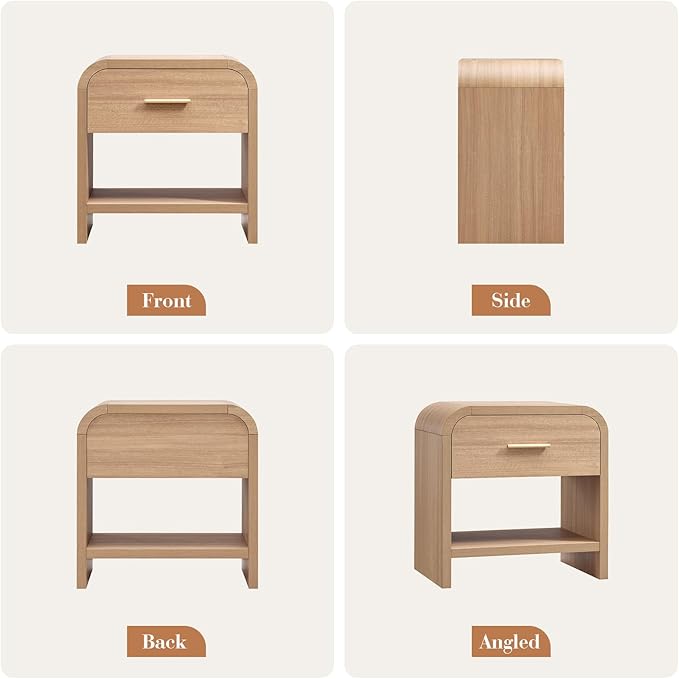Night Stand Set of 2 [Unique Curved Profile] [FSC-Certified Wooden Board] 1-Drawer and 1 Storage Shelf Nightstand 24" H Metal Handle Modern Bedside Table Side Table End Table for Bedroom