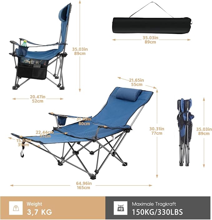 Camping Chairs Zero Gravity Recliner Chair with 4-in-1 Adjustable - Portable Folding Recliner with Cup Holder & Side Pocket, Detachable Footrest for Patio, Beach, Lawn, No Assembly - Blue
