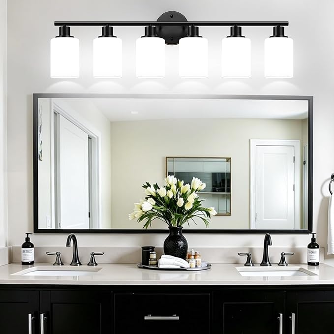 Zarbitta 6-Light Bathroom Light Fixtures, Black Modern Vanity Lights with Milky White Frosted Glass Shades, Bathroom Wall Lamp, for Mirror, Living Room, Kitchen, Hallway, Cabinet, Porch