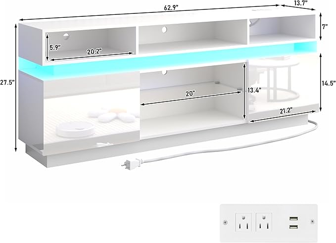 chartustriable LED TV Stand for 75 Inch TV, Modern Tall Entertainment Center with Power Outlets, High Gloss TV Stand, Gaming TV Media Console with Glass Shelf for Living Room, 63 Inch, White