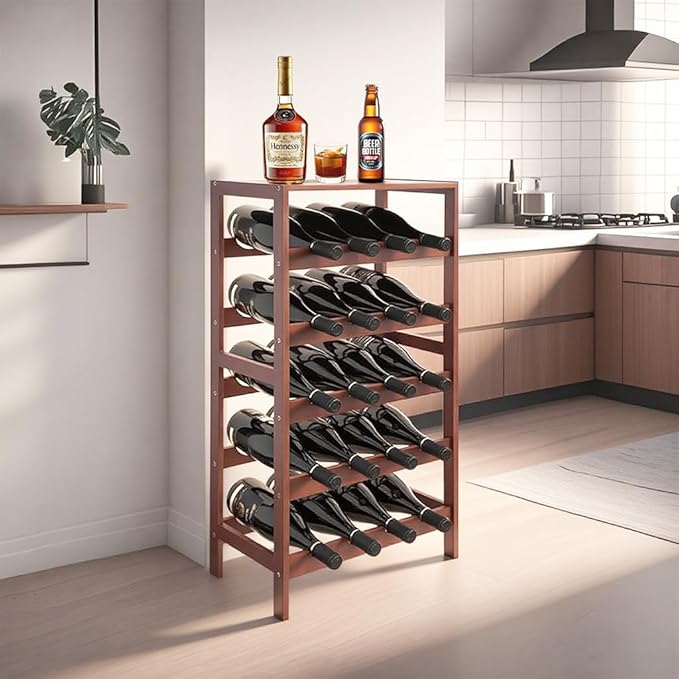 20 Bottle Wooden Wine Rack with Table Top, 5 Tier Bamboo Freestanding Floor Wine Storage Holder, Retro Minimalist Style Home Decorations Wine Display Shelves for Kitchen Dining Room Bar