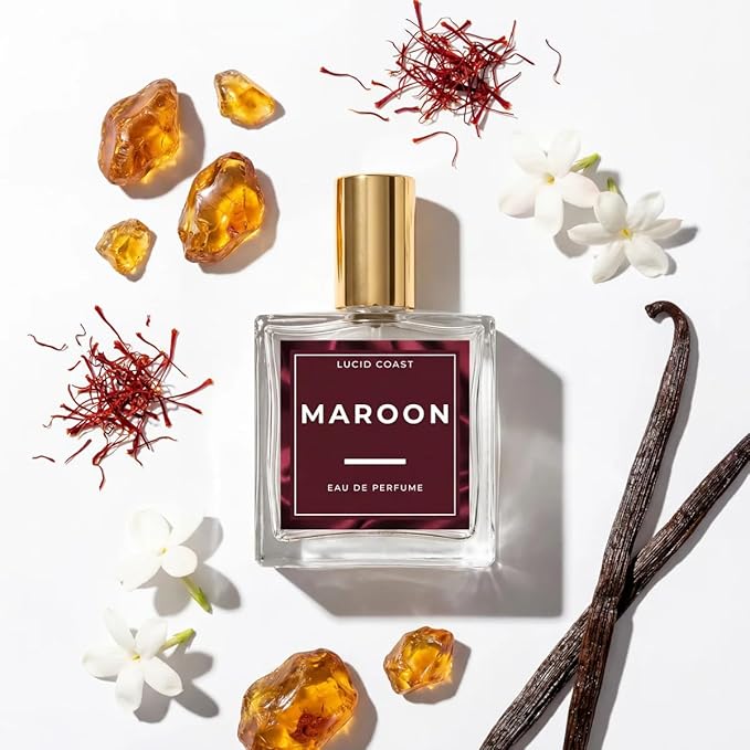 Lucid Coast Maroon Perfume – Ambery Saffron & Jasmine – Inspired by Baccarat Rouge 540 – Long Lasting Extrait Strength Fragrance – Notes of Cedarwood & Ambergris – Clean, Vegan & Cruelty Free