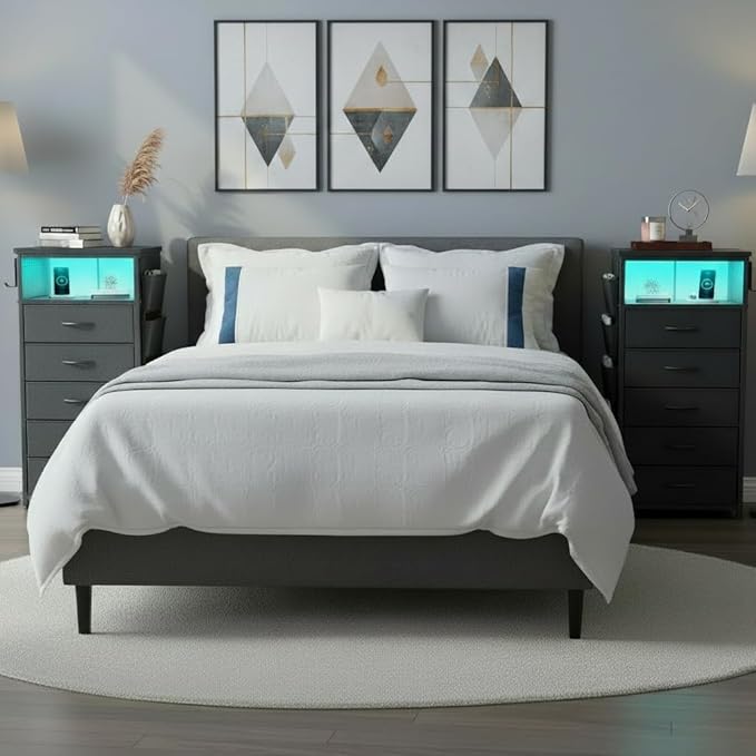 EnHomee Nightstands Set of 2 with 5 Drawers, Black Dresser with Charging Station and LED Light, Tall Nightstand with Extra Side Bag & Hooks, Bedroom, Closet, Hallway, Entryway, Black