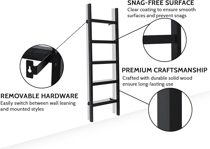 FUIN 57in Wall Mounted Wooden Blanket Ladder Living Room Decorative Farmhouse Quilt Display Holder Rustic Wood Towel Rack for Bathroom, Black