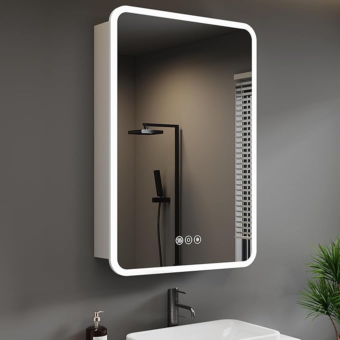 Medicine Cabinet with LED Lights and Mirror, 20 x 28 Inch Surface or Recessed Mounted Bathroom Cabinet with Door, Defogger, Memory Function, 3-Color Mode, Outlet&USB, Dimmer, Storage Shelf