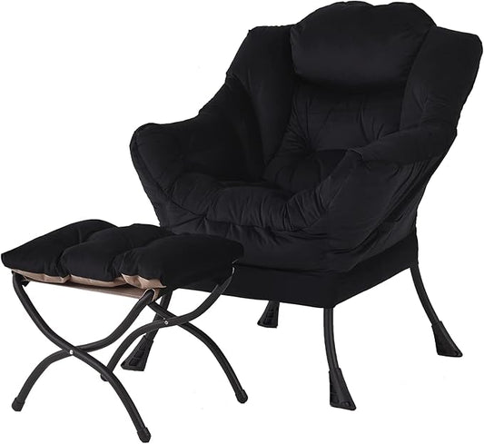 Welnow Lazy Chair with Ottoman, Modern Accent Chair with Armrests and a Side Pocket, Leisure Sofa Armchair, Reading Armchair with Footrest for Small Space, Black