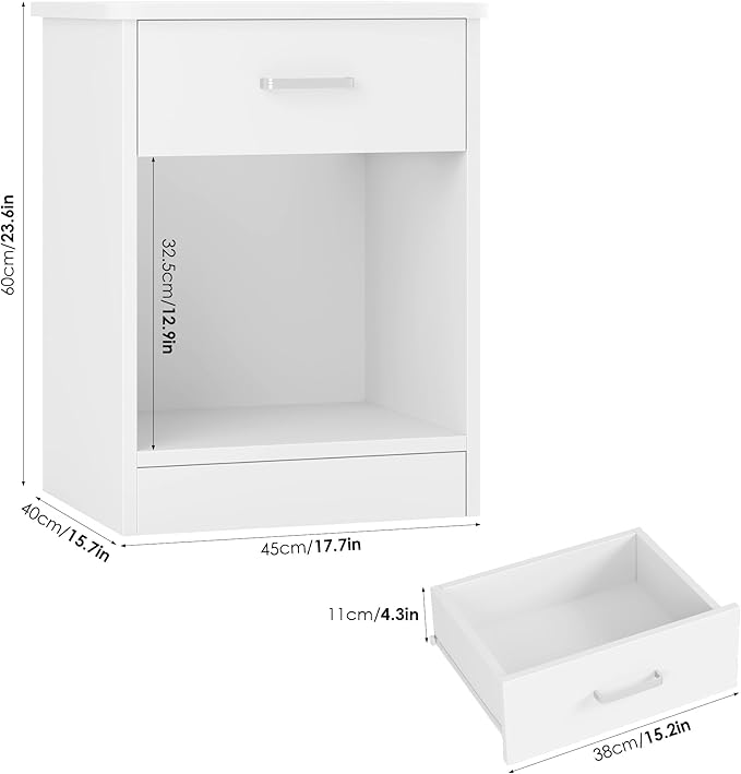 FOTOSOK Nightstand, 2-Tier Side Table with Drawer and Storage Shelf, Bedside Table End Table, Modern Night Stand for Bedroom, Home Office, White