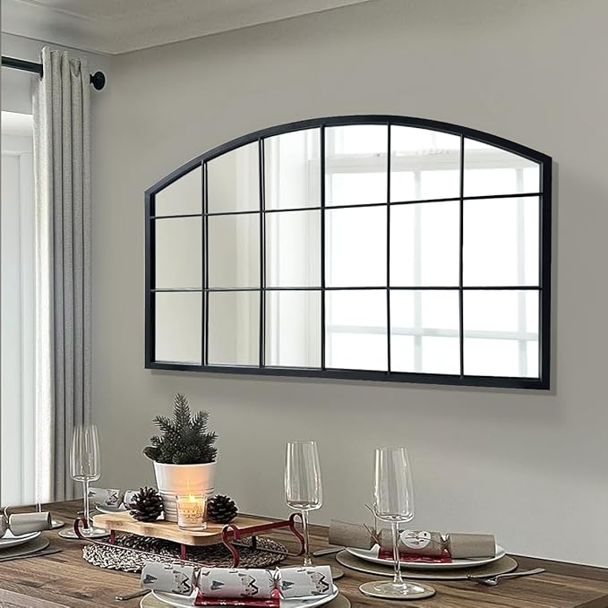 WAMIRRO Black Grid Wall Mirror,Wide Window Pane Black Mirror,Farmhouse Arched Wall Mirror,Mantel Mirror for Fireplace/Entryway/Hallway/Living Room,44“X28”