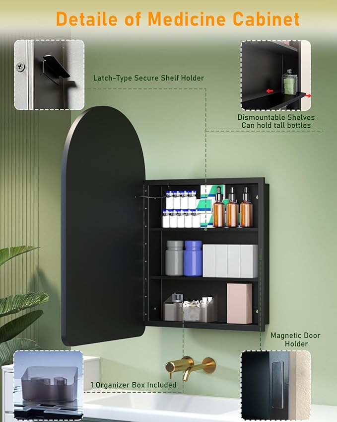 19.7"x31.5" Lighted Medicine Cabinet with Mirror, Arched Bathroom Mirror with Lights and Storage, Memory and Dimmable 3 Color, Anti-Fog, Full Metal Recessed & Surface Mount LED Medicine Cabinets Black