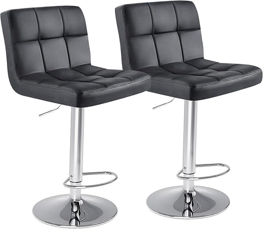 Sweetcrispy Bar Stools Set of 2, Armless PU Leather Adjustable Swivel Barstools, Hydraulic Kitchen Counter Height Thickened Seat Cushion Square Island Countertop Chairs with Back, Black