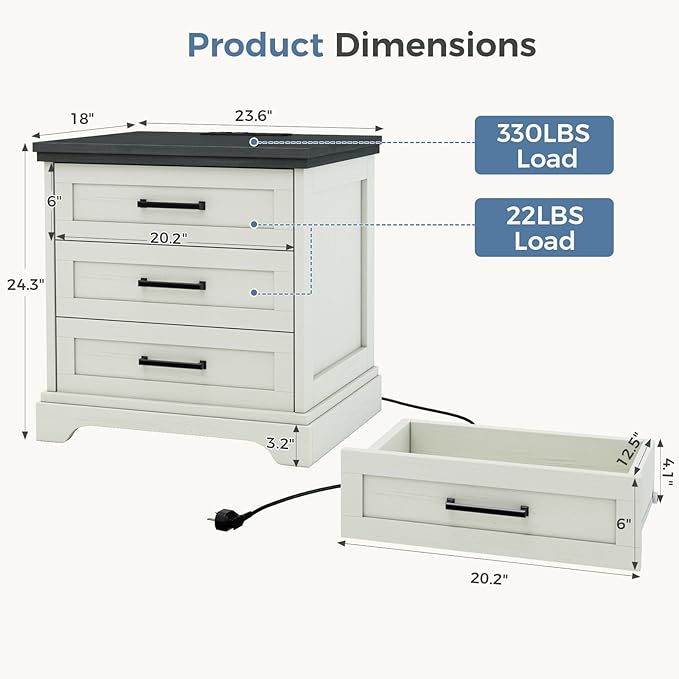 DUMOS Nightstand with Charging Station, Wood Farmhouse Bedside Table with 3 Drawers, End Table, Modern Side Table for Small Bedroom, Living Room, White