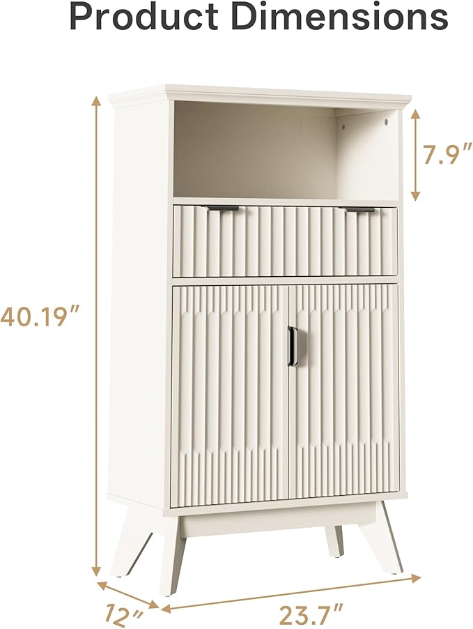 Fatmok Buffet Cabinet with Storage, 40" Modern Fluted Coffee Bar Cabinet with Drawer & Open Shelf, Wood Buffet Sideboard Console Table for Entryway, Kitchen, Living Room (White)