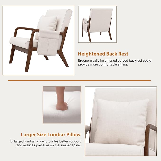 HOMMPA Mid-Century Modern Accent Chair, Comfy Reading Armchair with Solid Wood Frame & Lumbar Pillow, Upholstered Linen Lounge Chair with Side Pocket for Living Room, Bedroom,Balcony(Beige)