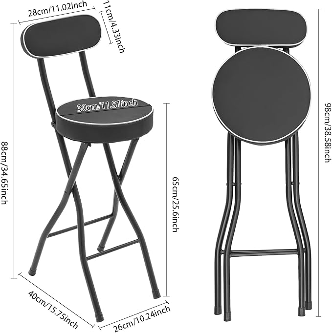 Folding Bar Stool with Back & Footrest, 38.5 in Tall Foldable Stool, Portable Stools, Counter Height Foldable Stools Chairs Seat Padded Collapsible Stool for Adults Kitchen Island, Set of 2, Black