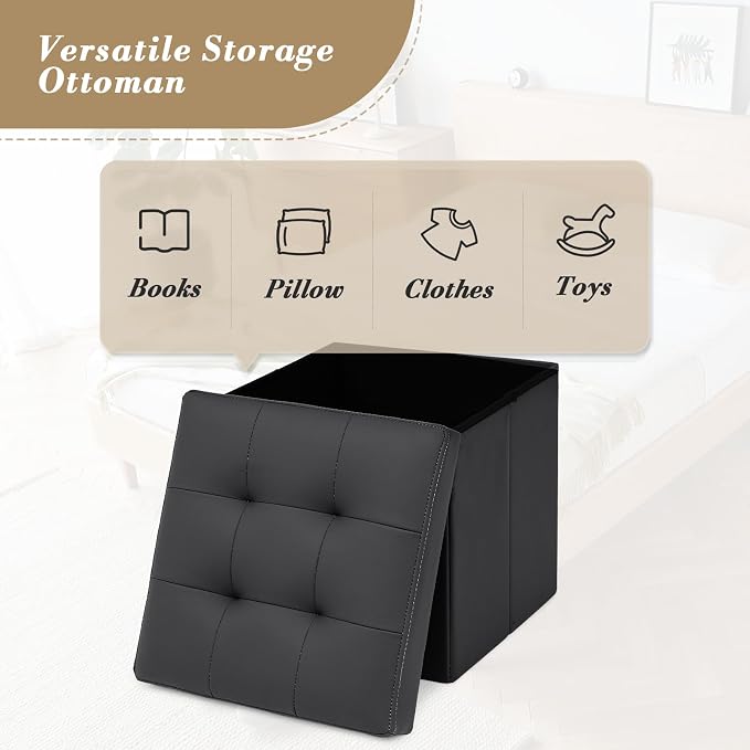 Athena Collection Leather Square Ottoman with Storage, 15 Inch Small Storage Ottoman, Multipurpose Footstool Foot Rest for Living Room, Bedroom, Dorm, Black