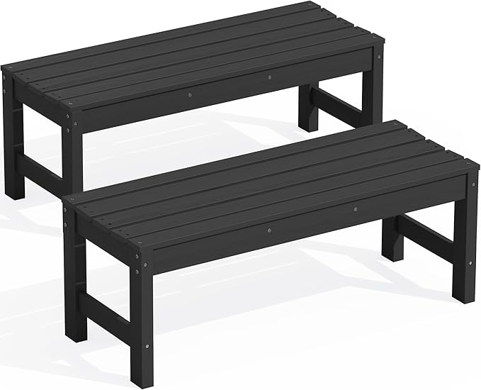 SERWALL 47 Inches Outdoor Bench Set of 2, All Weather HDPE Backless Bench with Wood Grain Texture for Garden Porch and Park, Curved Bench Seat for Comfort, Black