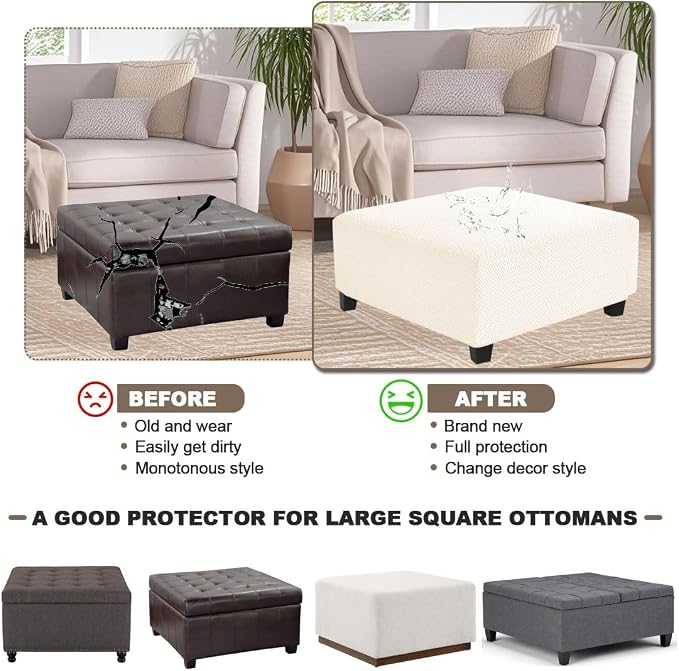 Levoberg Waterproof Square Ottoman Cover Large Square Folding Storage Ottoman Bench Slipcovers Footrest Stool Covers Oversized Ottoman Coffee Table Covers Cube with Elastic Bottom M Beige